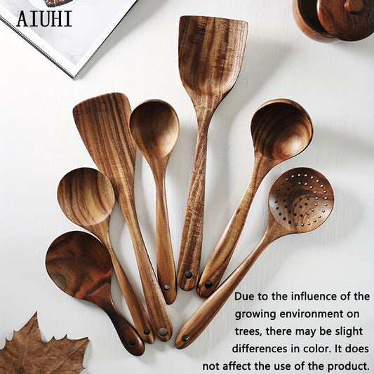 Rynx | 7pcs Premium Teak Wooden Cooking Spoons Set - Ergonomic Non-Stick Spatula with Soft Grip Handle - Perfect for Back to School, Kitchen Essentials, and Culinary Arts