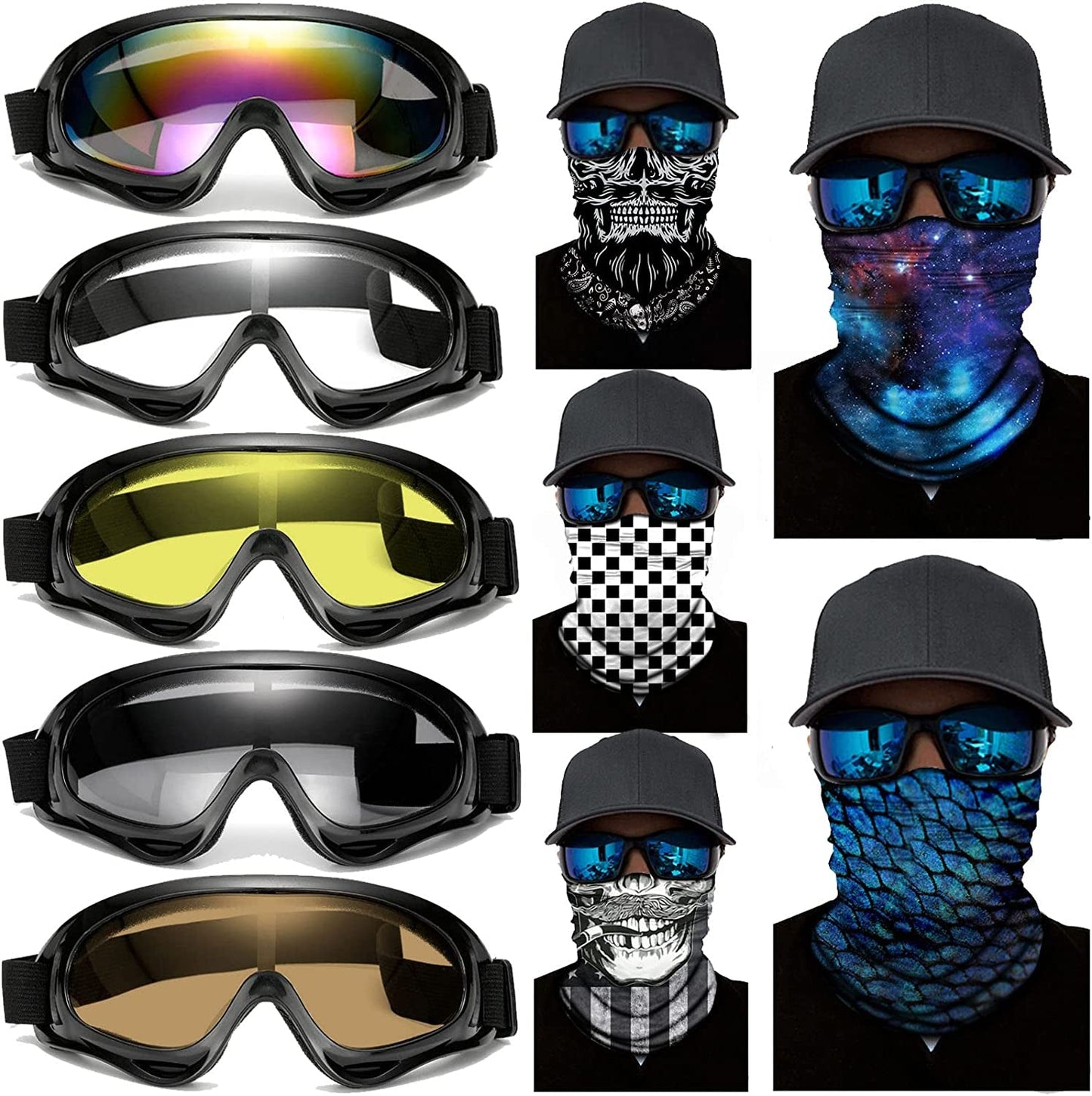 Rynx | 10 Packs Motorcycle Accessories, 5PCS Dirt Bike Ski Goggles Dustproof Windproof Safety Glasses and 5PCS Face Masks