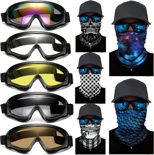 Rynx | 10 Packs Motorcycle Accessories, 5PCS Dirt Bike Ski Goggles Dustproof Windproof Safety Glasses and 5PCS Face Masks