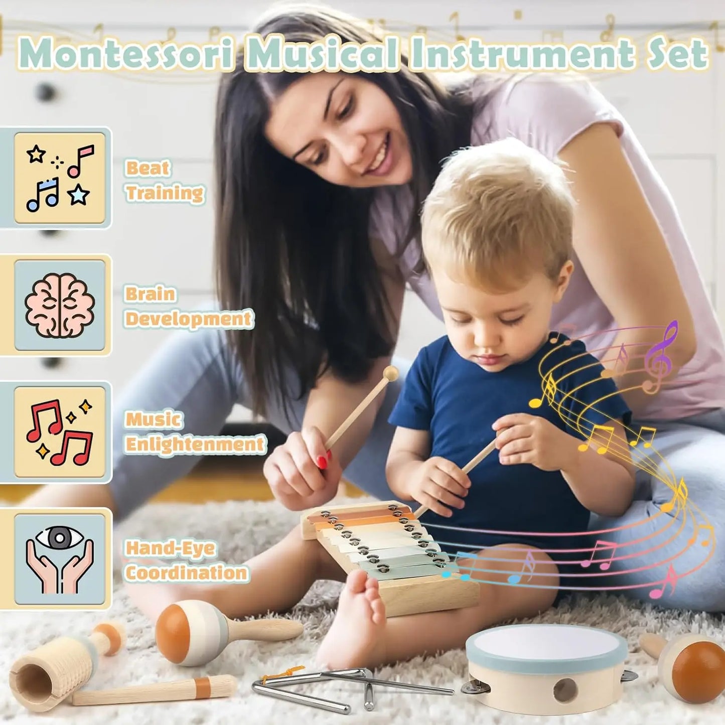 RYNX | Wood Montessori Musical Instrument Set For Toddlers - Professionally Tuned Xylophone, Maracas And More - Educational Gift For Preschoolers
