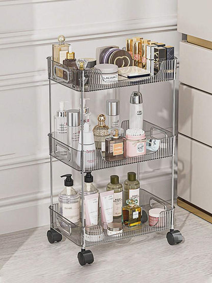 Rynx | Transparent rolling cart with handle, multifunctional plastic cart, multilayer bathroom storage space, bathroom shelves with wheels, cosmetic cart.