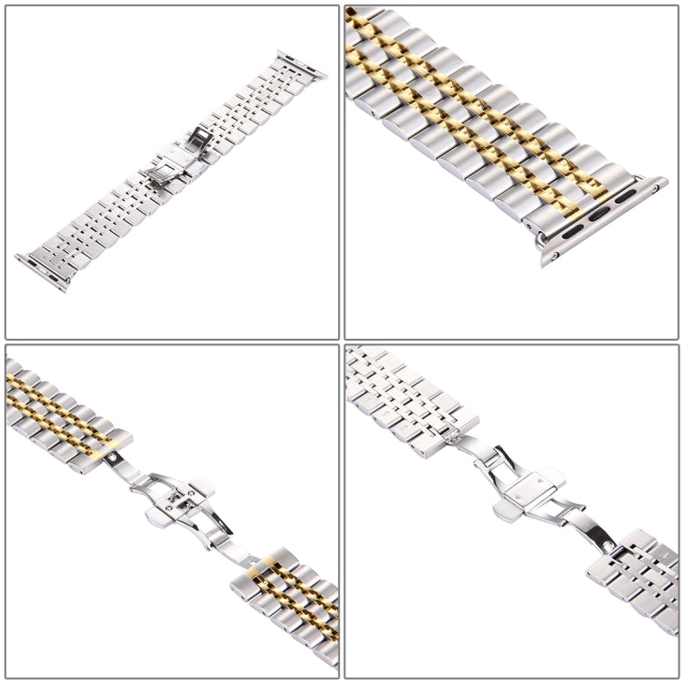 Rynx | 22mm Men Hidden Butterfly Buckle 7 Beads Stainless Steel Watch Band for Apple Watch 38mm(Silver Gold)