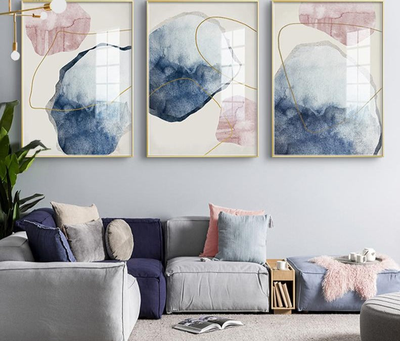 Rynx | blue watercolor canvas prints paintings golden lines poster Nordic wall art pictures on canvas living room home decoration