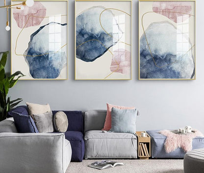 Rynx | blue watercolor canvas prints paintings golden lines poster Nordic wall art pictures on canvas living room home decoration
