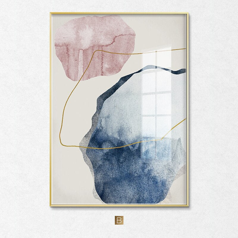 Rynx | blue watercolor canvas prints paintings golden lines poster Nordic wall art pictures on canvas living room home decoration