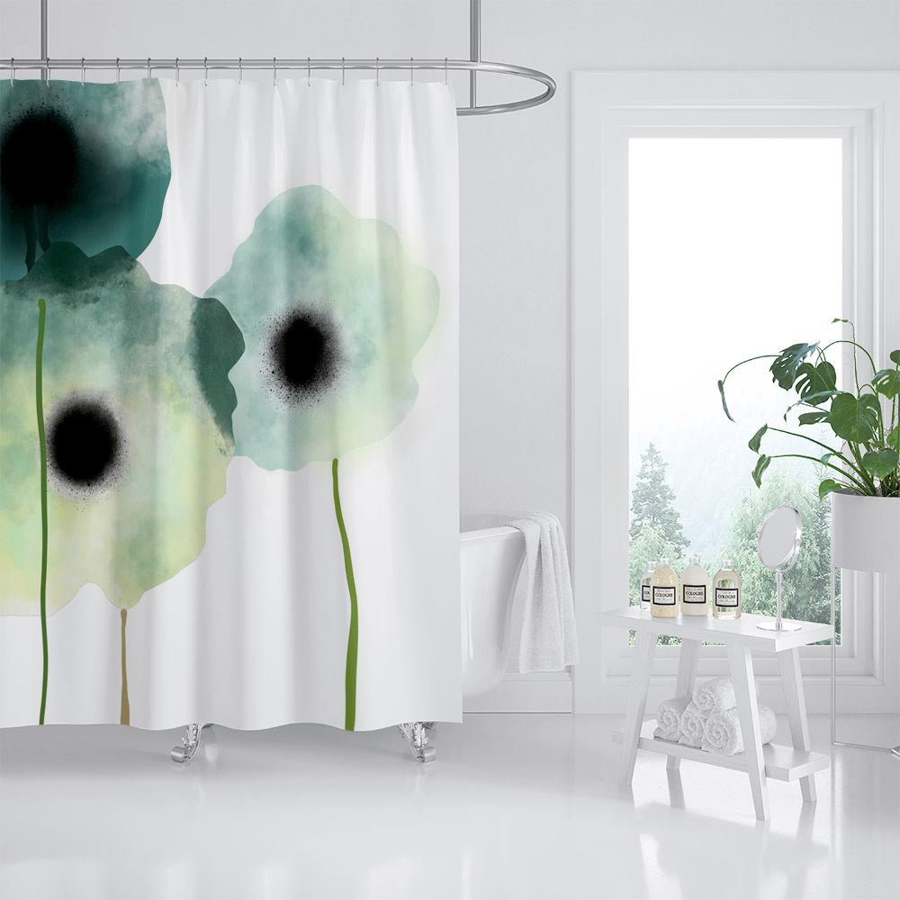 Rynx | Abstract Art Green Three Flowers Shower Curtain with Hooks, Art Shower Curtains with Rings, Unique Bathroom Decoration, Boho Shower Curtain, Customizable Shower Curtains, Extra Long Shower Curtain
