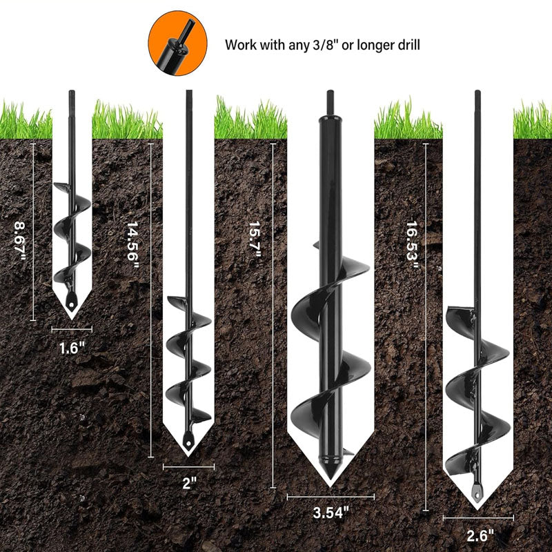 Rynx | Auger Drill Bit for Planting Set of 4 for 3/8" Hex Drive Drill for Post Hole Digger Bulb Bedding Digging Plant Rapid Planter