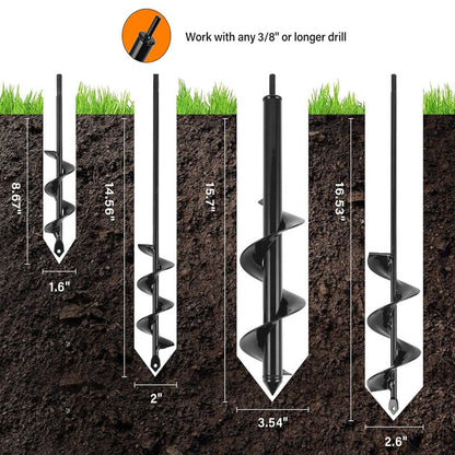 Rynx | Auger Drill Bit for Planting Set of 4 for 3/8" Hex Drive Drill for Post Hole Digger Bulb Bedding Digging Plant Rapid Planter