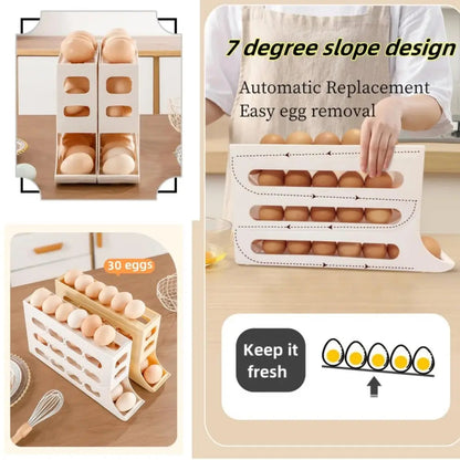 Rynx | Automatic Egg Holder with Rolling Function – 4-Tier Egg Organizer for Refrigerator & Kitchen