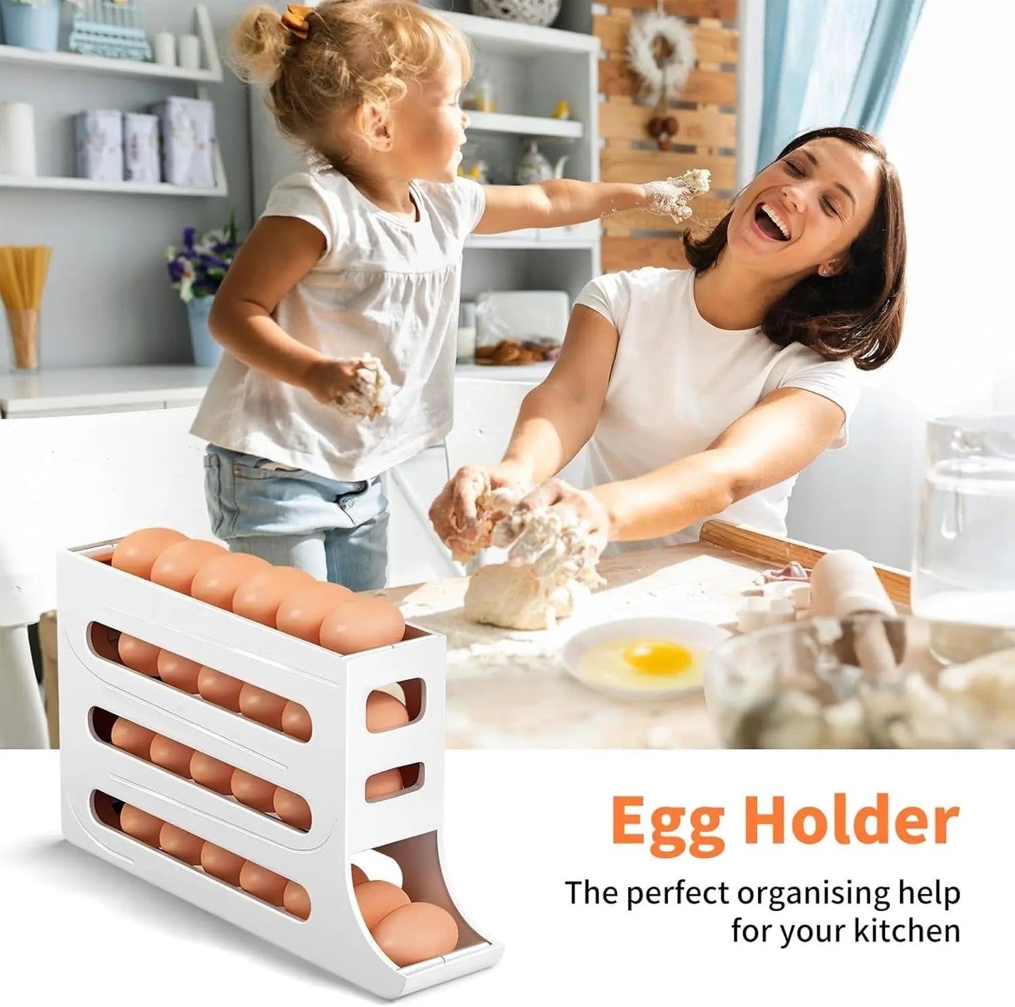 Rynx | Automatic Egg Holder with Rolling Function – 4-Tier Egg Organizer for Refrigerator & Kitchen
