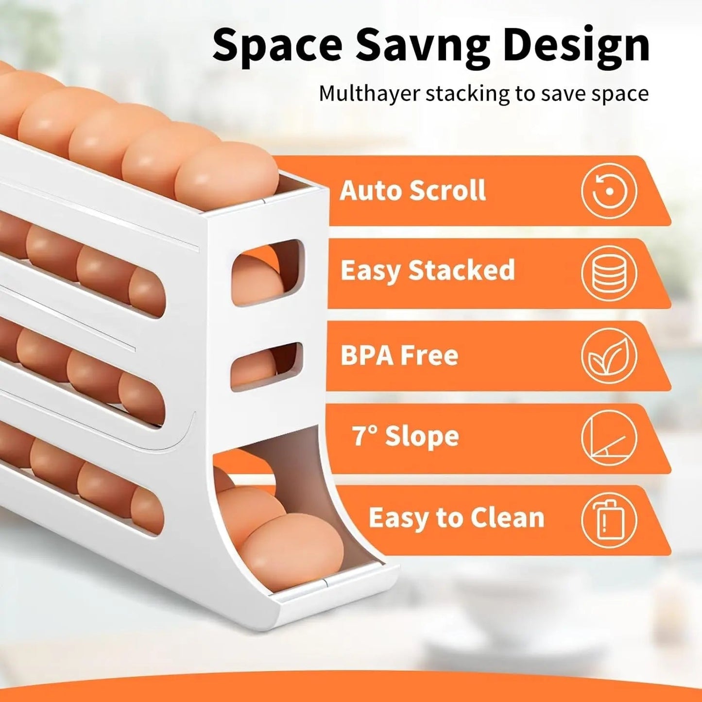 Rynx | Automatic Egg Holder with Rolling Function – 4-Tier Egg Organizer for Refrigerator & Kitchen