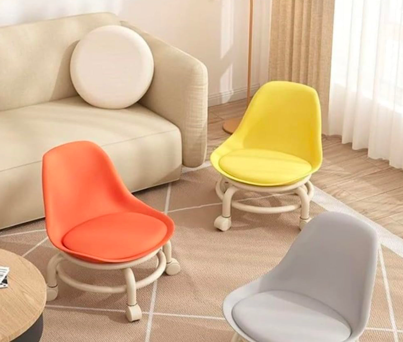 Rynx | Low Stool Ottoman, Weight Capacity Children's Stool, Backrest, Small, Living Room Ottoman, Low Chair, Small, Nappa Leather Fabric, Thick, Waterproof, Quiet Wheels, 360 Degrees