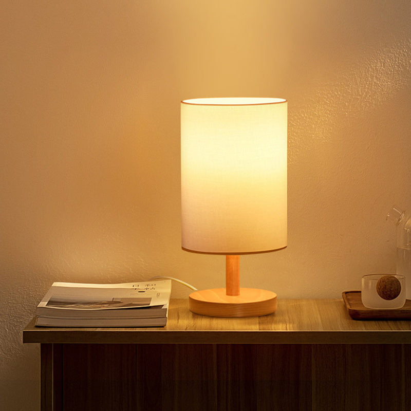 Rynx | Traditional Japanese Cylinder Wood Fabric 1-Light Table Lamp for the Living Room
