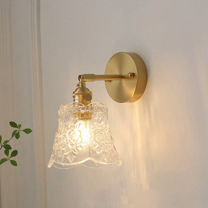Rynx | Traditional Vintage Carved Grid Cone Flower Glass Iron 1-Light Wall Sconce Lamp for the Living Room