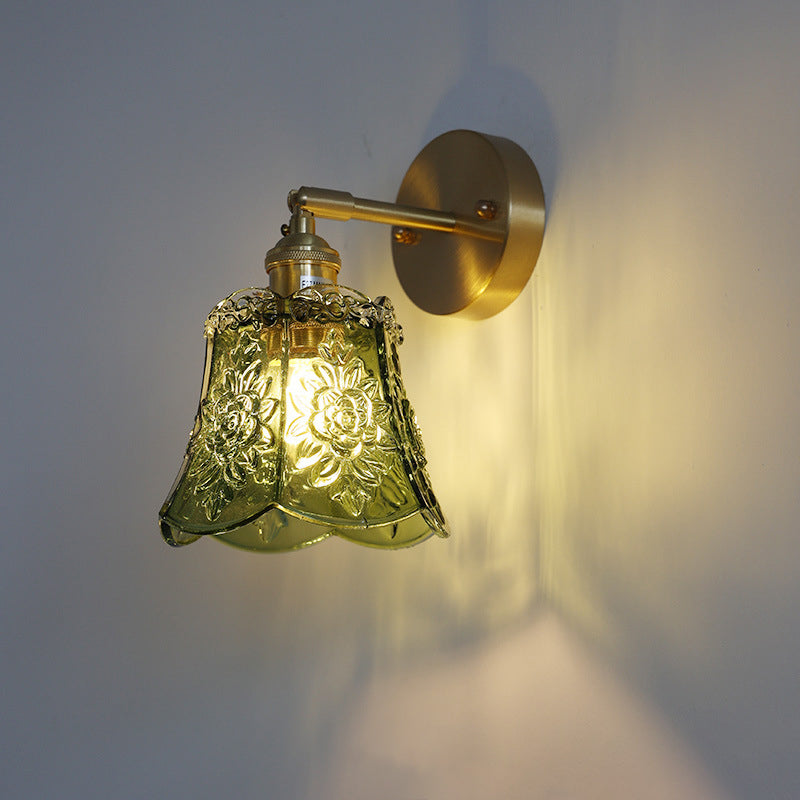 Rynx | Traditional Vintage Carved Grid Cone Flower Glass Iron 1-Light Wall Sconce Lamp for the Living Room