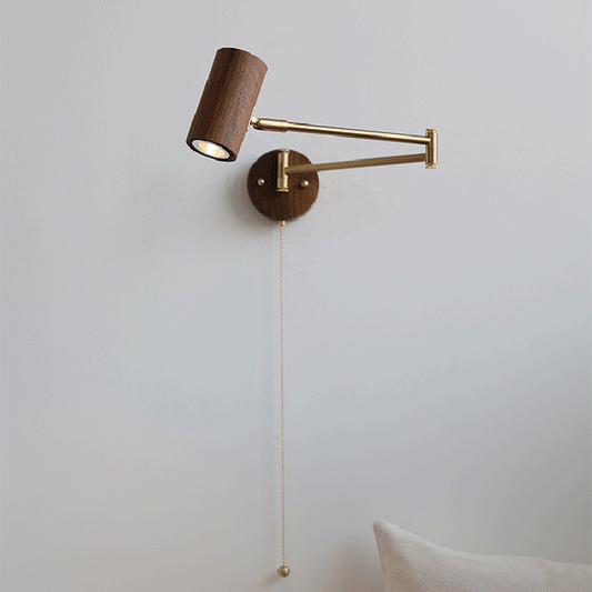 Rynx | Traditional Japanese Cylinder Swing Arm Adjustable Round Wood Iron 1-Light Wall Sconce Lamp for Bedroom