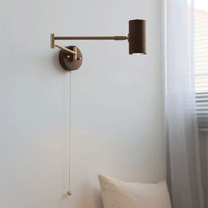 Rynx | Traditional Japanese Cylinder Swing Arm Adjustable Round Wood Iron 1-Light Wall Sconce Lamp for Bedroom