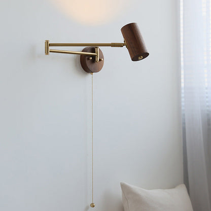 Rynx | Traditional Japanese Cylinder Swing Arm Adjustable Round Wood Iron 1-Light Wall Sconce Lamp for Bedroom