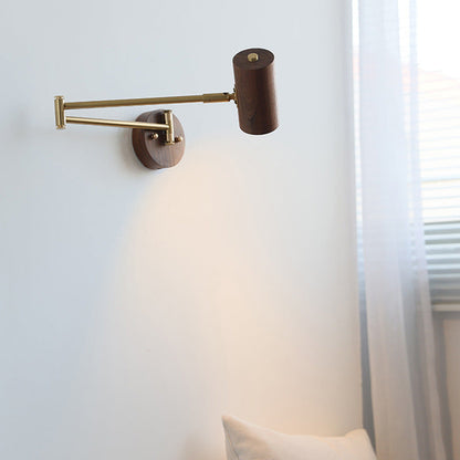 Rynx | Traditional Japanese Cylinder Swing Arm Adjustable Round Wood Iron 1-Light Wall Sconce Lamp for Bedroom