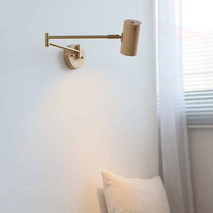 Rynx | Traditional Japanese Cylinder Swing Arm Adjustable Round Wood Iron 1-Light Wall Sconce Lamp for Bedroom