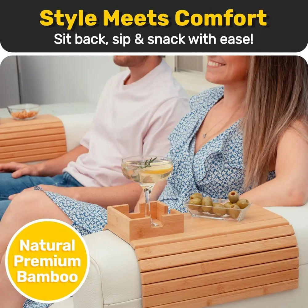 Rynx | Bamboo Armrest Tray – Non-Slip Sofa Holder for Drinks & Snacks