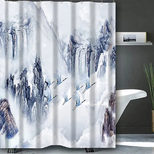 Rynx | Chinese Landscape Painting Crane and Mountain Shower Curtain with Hooks, Bathroom Curtains with Ring, Unique Bathroom Decoration, Boho Shower Curtain, Customizable Bathroom Curtains, Extra Long Shower Curtain