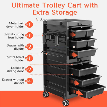 Rynx | Beauty Hairdressing Cart Beauty Salon Cart with 6 Drawers and Tool Holders Rolling Cart with Wheels Lock and Door