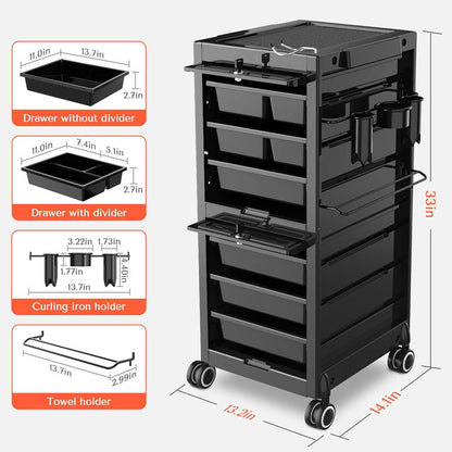 Rynx | Beauty Hairdressing Cart Beauty Salon Cart with 6 Drawers and Tool Holders Rolling Cart with Wheels Lock and Door