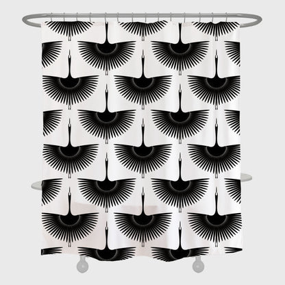 Rynx | Black and White Crane Shower Curtain with Hooks, Bathroom Curtains with Ring, Unique Bathroom Decoration, Boho Shower Curtain, Customizable Bathroom Curtains, Extra Long Shower Curtain