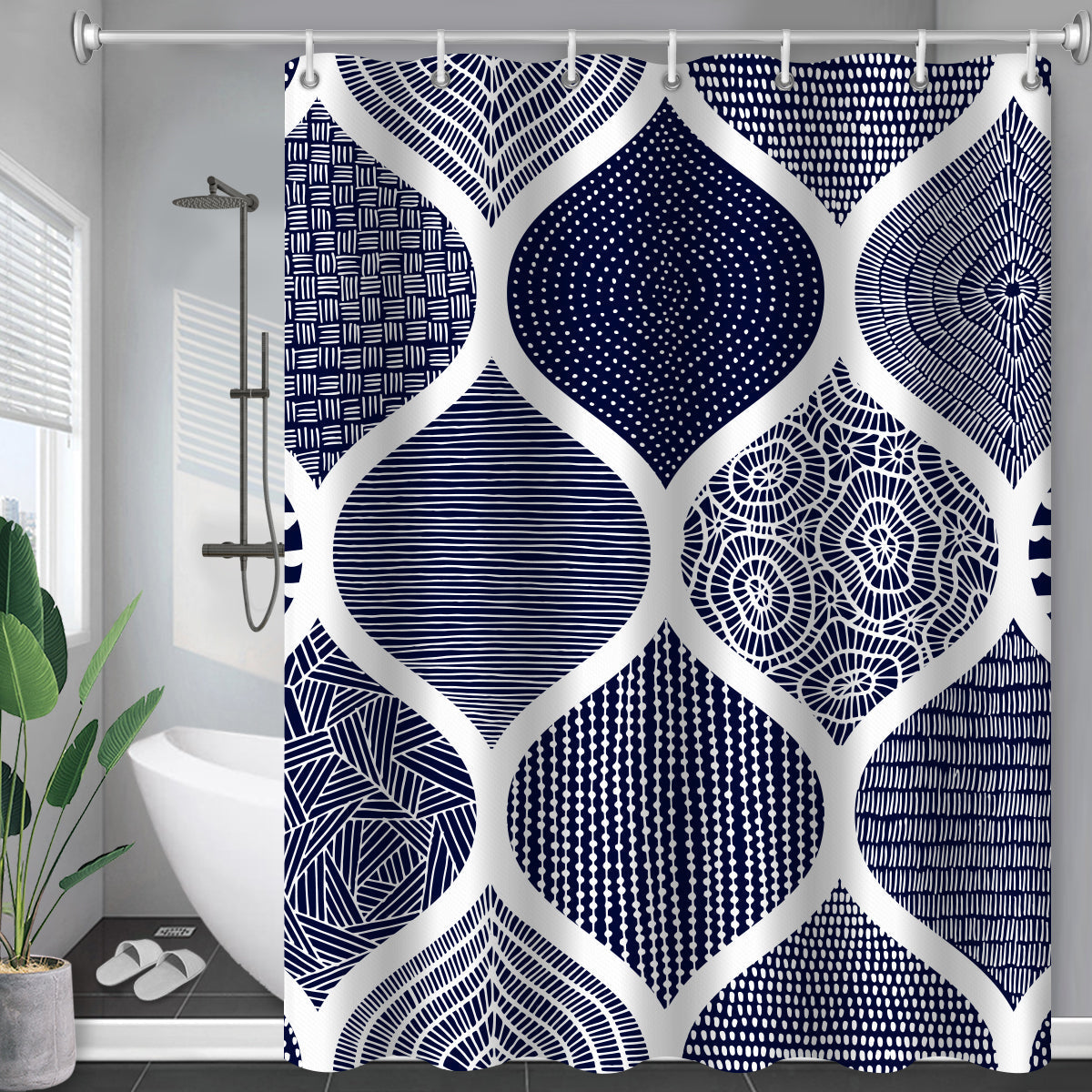 Rynx | Dark Blue Geometric Pattern Shower Curtain, Boho Themed Shower Curtains with Hooks, Bathroom Curtains with Ring, Unique Bathroom Decor, Customized Bathroom Curtains, Extra Long Shower Curtain