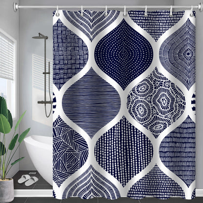 Rynx | Dark Blue Geometric Pattern Shower Curtain, Boho Themed Shower Curtains with Hooks, Bathroom Curtains with Ring, Unique Bathroom Decor, Customized Bathroom Curtains, Extra Long Shower Curtain