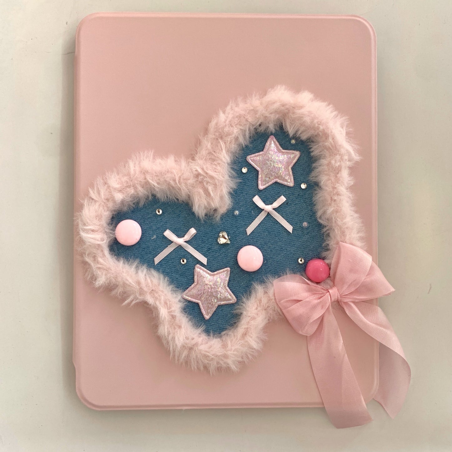 Rynx | Pink Heart & Star Patchwork iPad Case with Stand – Sweet Denim Bow Design for iPad