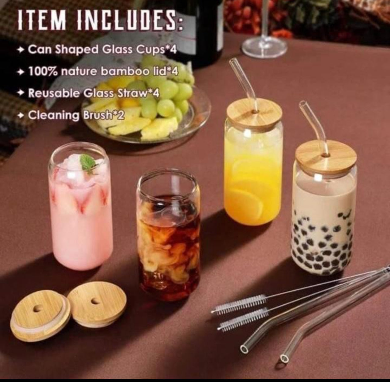 Rynx | Drinking Glass Set/Smoothie 4pcs Bamboo Lid