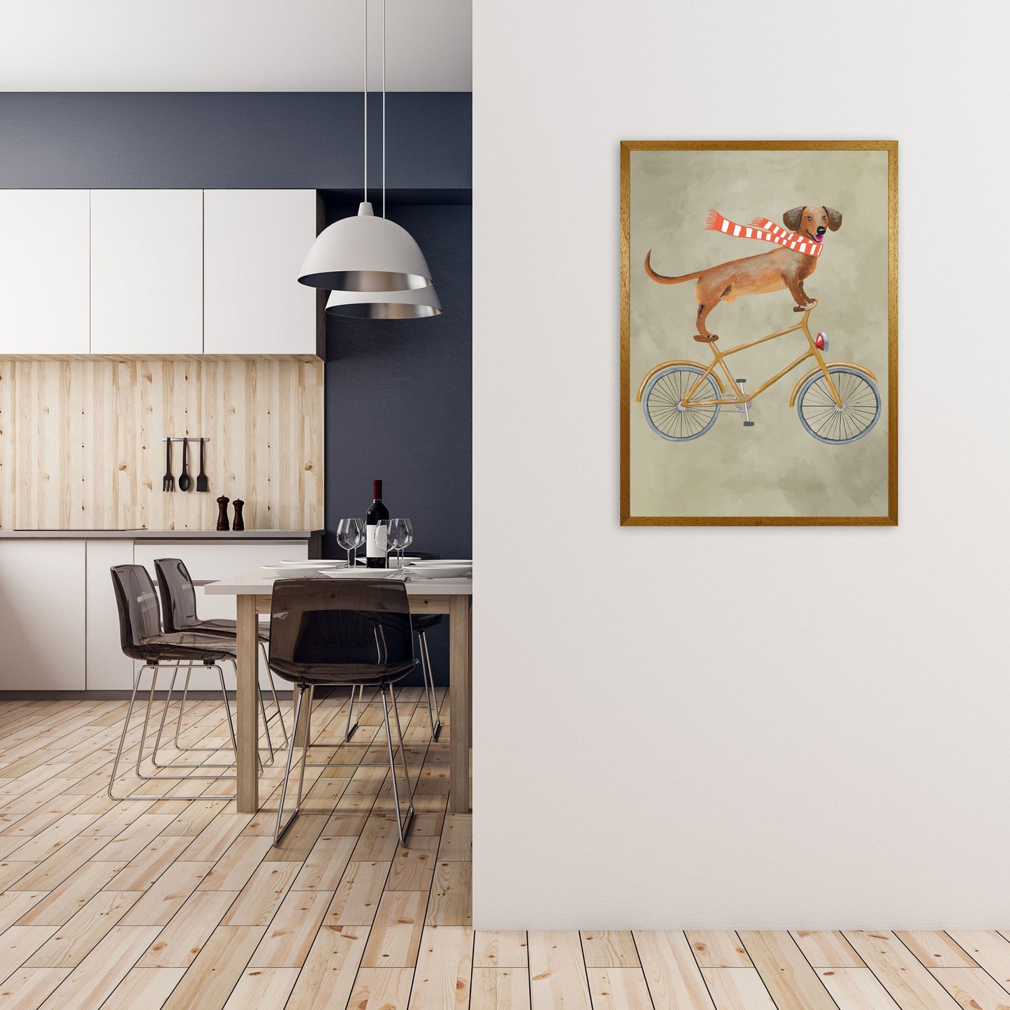 Rynx | Dachshund On Bicycle In Winter Art Print by Coco Deparis
