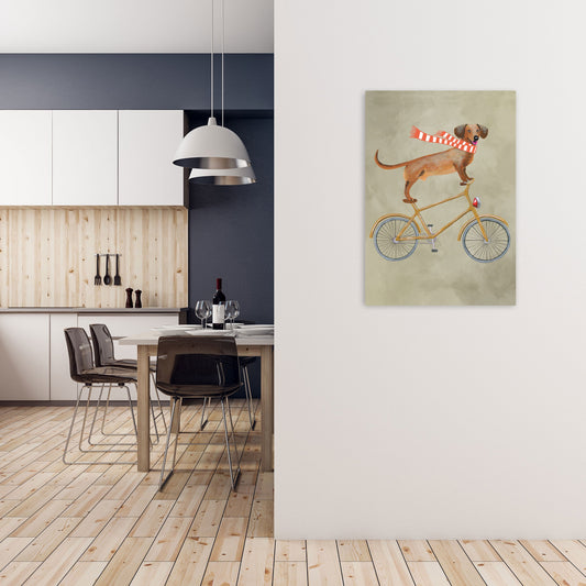 Rynx | Dachshund On Bicycle In Winter Art Print by Coco Deparis