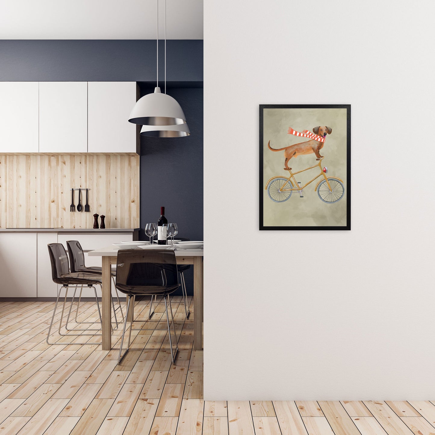 Rynx | Dachshund On Bicycle In Winter Art Print by Coco Deparis