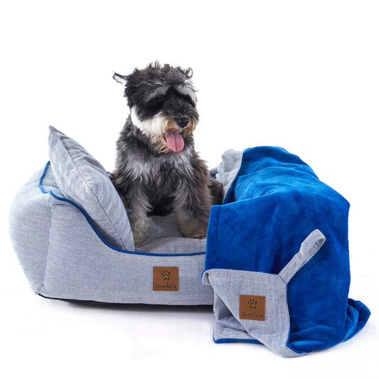 Rynx | Hampton Herringbone Bed, Cushions & Rug 3pc Set - Blue