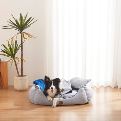 Rynx | Hampton Herringbone Bed, Cushions & Rug 3pc Set - Blue