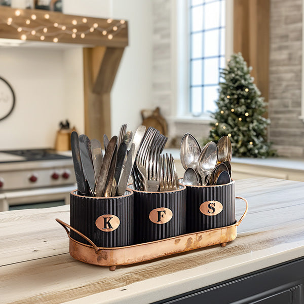 Rynx | Black metal canisters with copper-coated plate, set of 3