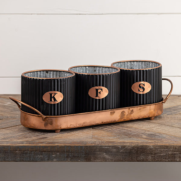 Rynx | Black metal canisters with copper-coated plate, set of 3