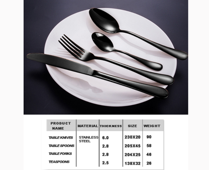 RYNX | Set Black 32 pcs Stainless Steel Knife Fork Spoon Stylish Teaspoon Kitchen