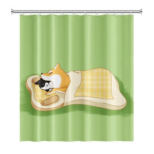 Rynx | Cute Cartoon Sleeping Cat and Dog Green Floor Shower Curtain with Hooks, Bathroom Curtains with Ring, Unique Bathroom Decoration, Boho Shower Curtain, Customizable Bathroom Curtains, Extra Long Shower Curtain