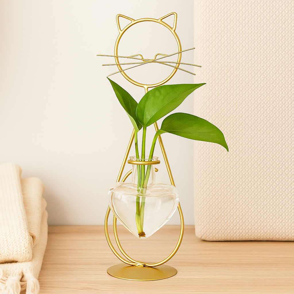 Rynx | FelineBloom – Heart-shaped glass planter box with cat-inspired holder