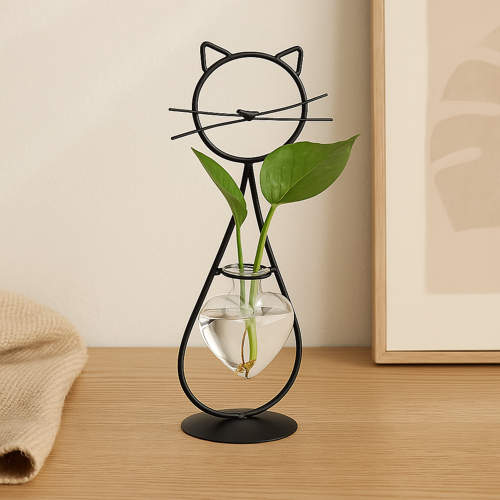 Rynx | FelineBloom – Heart-shaped glass planter box with cat-inspired holder