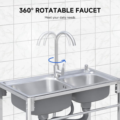 Rynx | Commercial Stainless Steel Sinks, Kitchen Preparation Sink Freestanding Double Basin