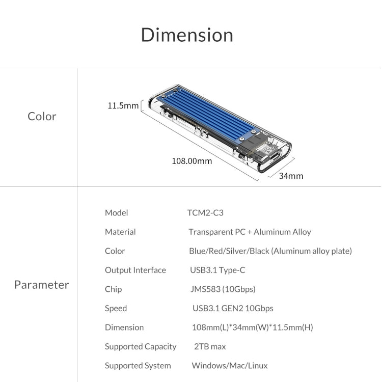 Rynx | ORICO TCM2-C3 NVMe M.2 SSD enclosure (10Gbps)