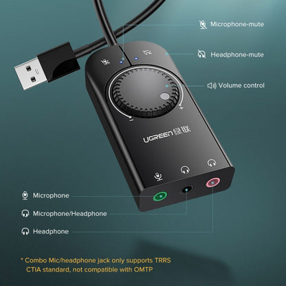 Rynx | UGREEN CM109 USB to 3-Ports 3.5mm Computer External Audio Card with Volume Control, Length: 15cm
