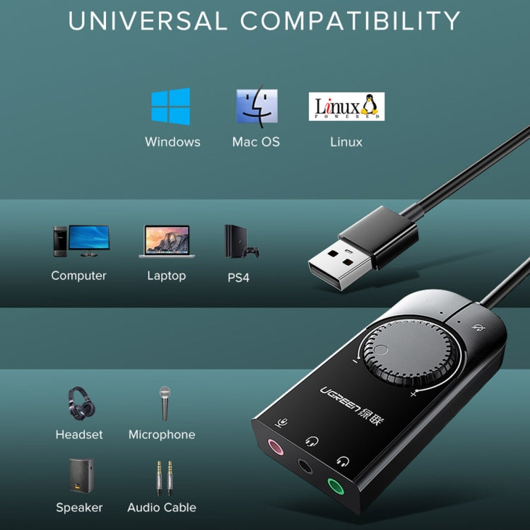 Rynx | UGREEN CM109 USB to 3-Ports 3.5mm Computer External Audio Card with Volume Control, Length: 15cm