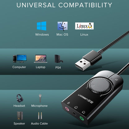Rynx | UGREEN CM109 USB to 3-Ports 3.5mm Computer External Audio Card with Volume Control, Length: 15cm