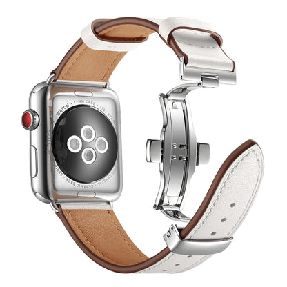 Rynx | Genuine leather + butterfly silver buckle watch band for Apple Watch Series 7 41mm / 6 & SE & 5 & 4 40mm / 3 & 2 & 1 38mm (White)